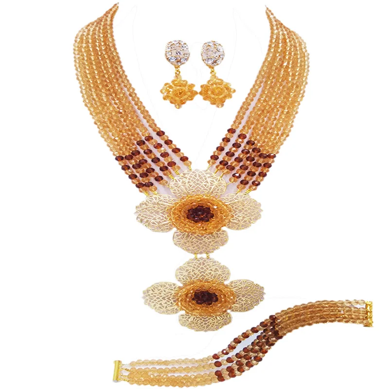 

Fashion Champagne Gold Brown Nigerian Necklace African Wedding Beads Jewelry Set Crystal Bridal Jewelry Sets 6DHJZ07