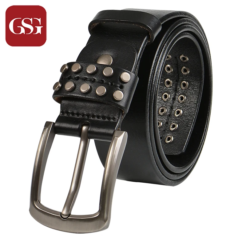 

GSG Cowhide Genuine Leather Men Belts Wide Waist Studed Belt Fashion Casual Black Belts for Men Male Pin Buckle Soft Belts Gift
