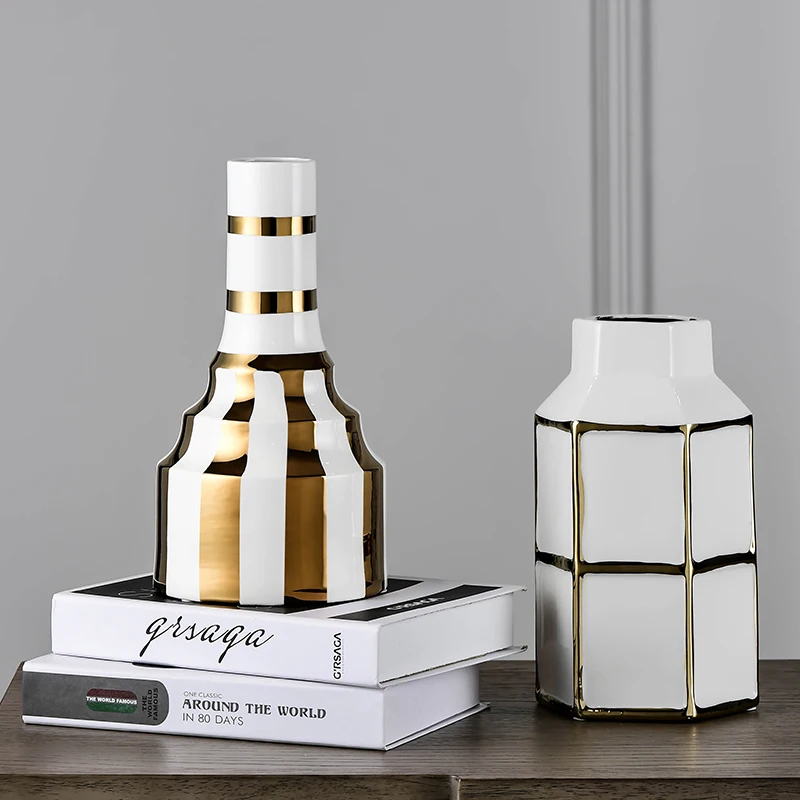 

Black And White Square Lattice Vase Crafts Modern Creative Home Decoration Hotel Ceramic Vase Flower Ornament Wedding Gift