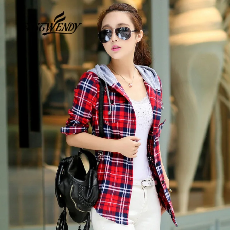  Autumn 2019 Women Shirt Fashion Plaid Hooded Shirt Long Sleeve Women Blouses Casual Cotton Tops Bri