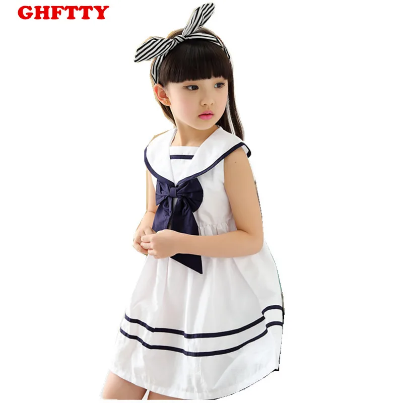 

Girl dress girls wear kids of bowknot sailor clothes sleeveless cotton summer of girl children clothing 3 color cotton dress