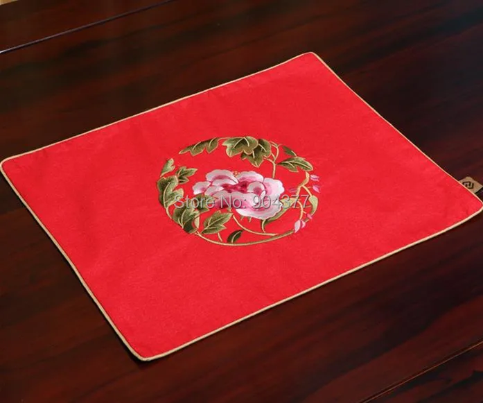 Embroidered Peony Rectangle Placemats Damask Fabri...