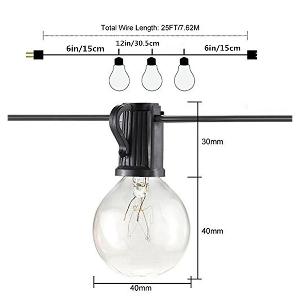 7,6 м 25 шт. G40 Рождественские огни для помещений/улицы светодиодные гирлянды E12 лампы накаливания Свадебные огни для дворика, двора, двора, Сказочная Праздничная гирлянда, декоративная лампа