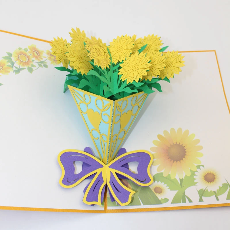  3D Laser Cut Carving Yellow Sunflower Paper Invitation Greeting Cards PostCard Thanksgiving Day Tea - 32889365786
