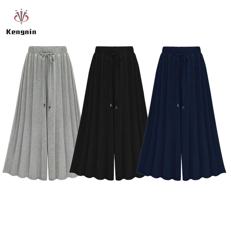 

2019 Summer Autumn Elastic Waist Women Wide Leg Pants Loose Ladies Trouser Free Size Casual Pant European Style Bow Brand Capris