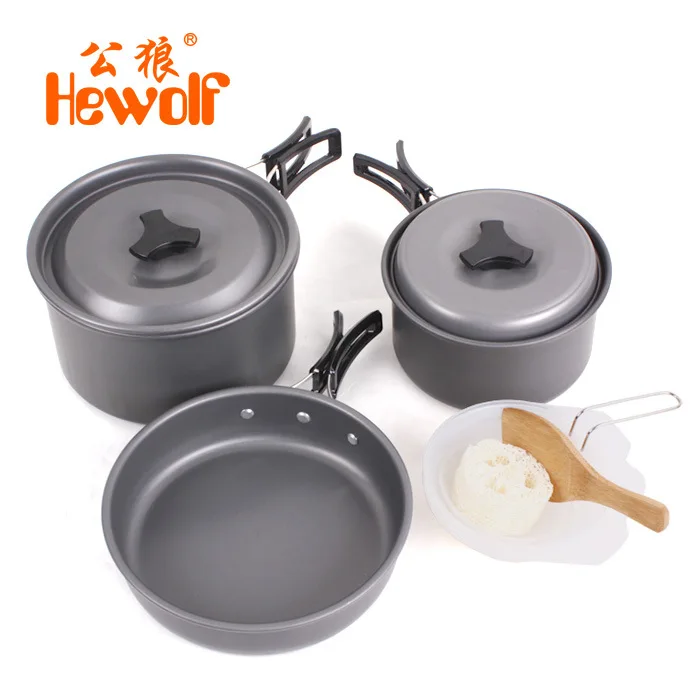 Hewolf Outdoor Aluminum Non stick Pots Pans Bowls With Foldable Handle