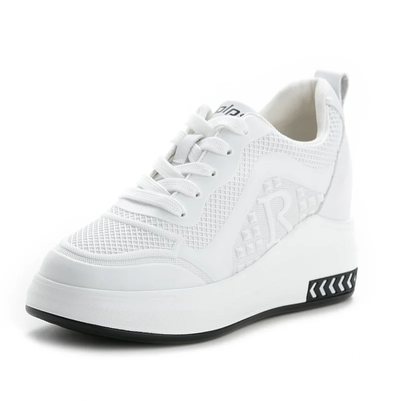 

White Mesh PU Leather Shoes Breathable Lace Up Summer Sneakers New 2018 Fashion Women's Flats Platform Sneakers Casual Creepers