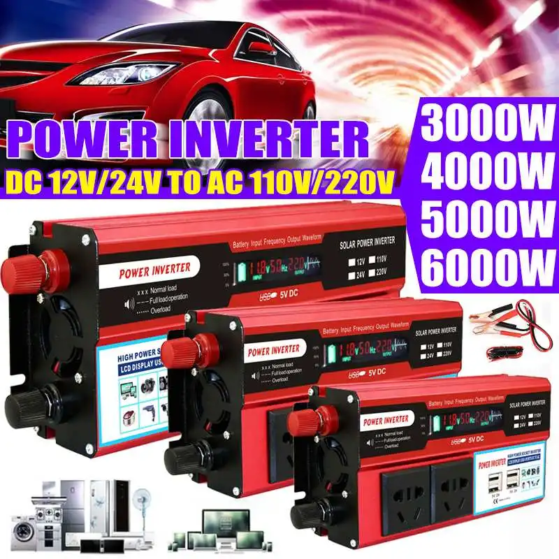 

4 USB 3000W/4000W/5000W/6000W DC12V/24V to AC110V Car Power Inverter Charger Adapter LCD Display Modified Sine Wave Converter