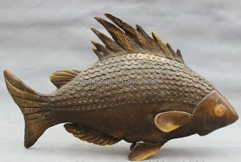 

16" Folk Chinese Bronze Auspicious Wealth Coin Fish Statue Animals Sculpture