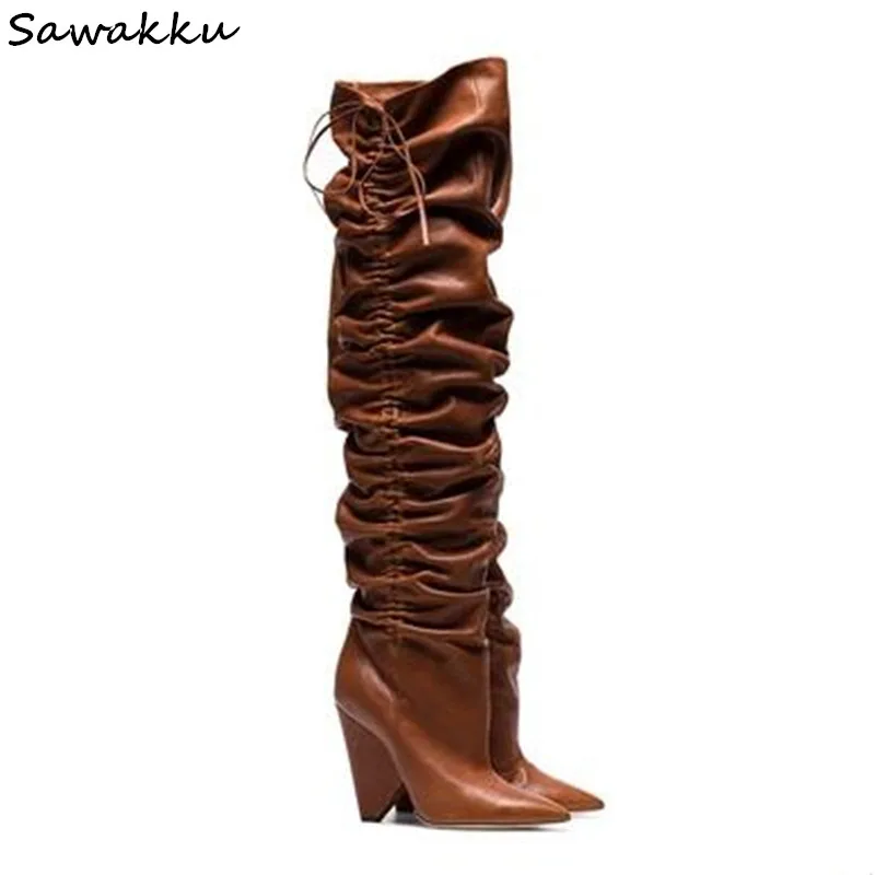 

Genuine Leather Design Winter Shoes Woman Slip On Pleated Thigh High Boots Pointed Toe Spike Heels Elastic Long Botas Mujer 2018