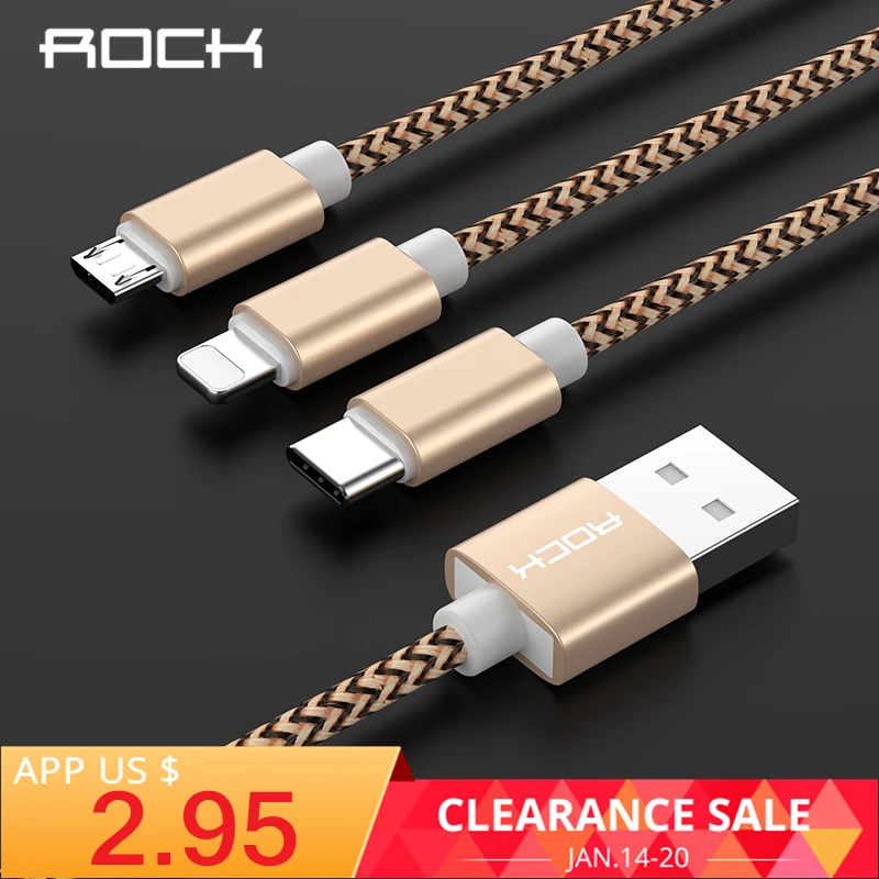 

ROCK 3 in 1 USB Cable For iPhone XR XS Max 8 For Xiaomi Redmi Note Samsung S9 S8 Charger Micro USB Type C Lighting Charger Cord