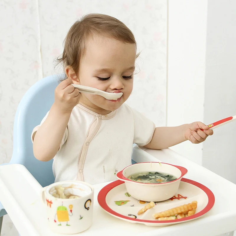 5 PcsSet Baby Bamboo Fiber Dinnerware Eco-friendly Children Feeding Food Plate With Cup Spoon Fork Food Storage Plate BB5120 (2)