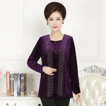 

NIFULLAN False 2 Piece Women'S Velvet T-Shirt Diamond Long Sleeve Tee Shirts Elegant Casual Tops Large Size For Mother