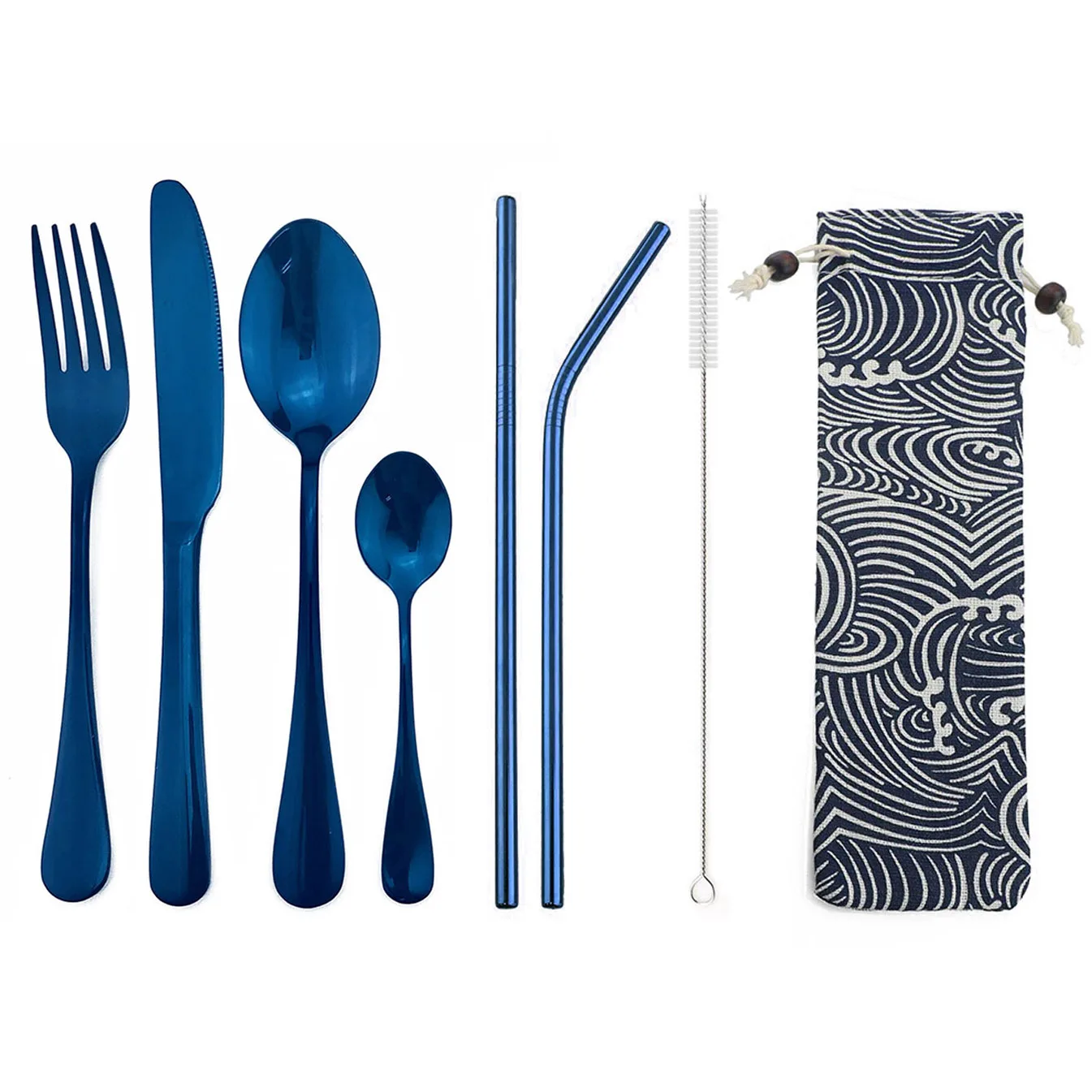 

8Pcs/Set Shiny Blue Flatware Set Stainless Steel Dinnerware Cutlery Set Portable With Straws Bag Silverware Set Travel Camping