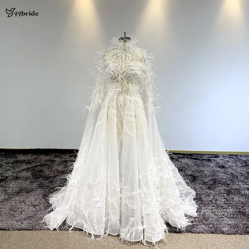 Yybride Новое Элегантное платье с перьями одежда с длинным рукавом закрытый ворот Бисероплетение платья на выпускной с кристаллами обувь, изготавливаемая на заказ вечерние платья с аппликацией