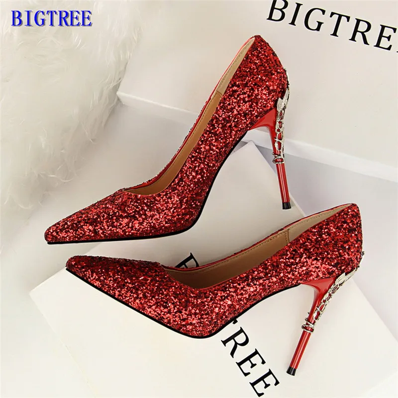 

2019 New Elegant Metal Carved Heel Shallow Women Pumps Sequined Cloth Pointed Toe High Heels Shoes Fashion Women's Wedding Shoes