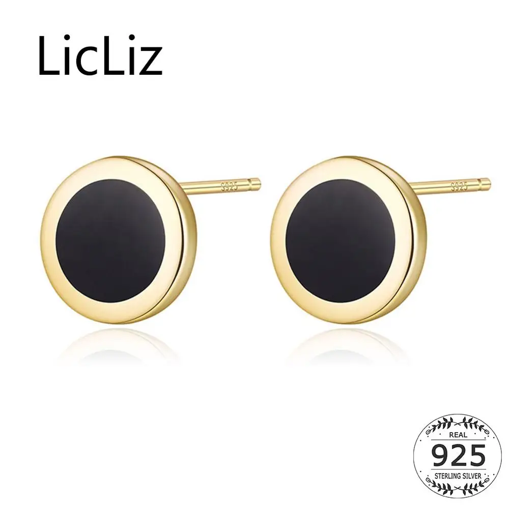 

LicLiz 2019 New 925 Sterling Silver Black Lacquer Round 18K Gold Stud Earrings for Women Vintage Classic Jewelry Bijoux LE0580
