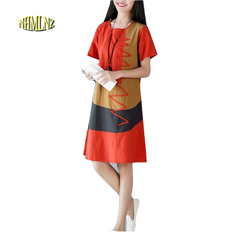 Женское платье с коротким рукавом хлопковое и льняное принтом|linen dress|cotton linen