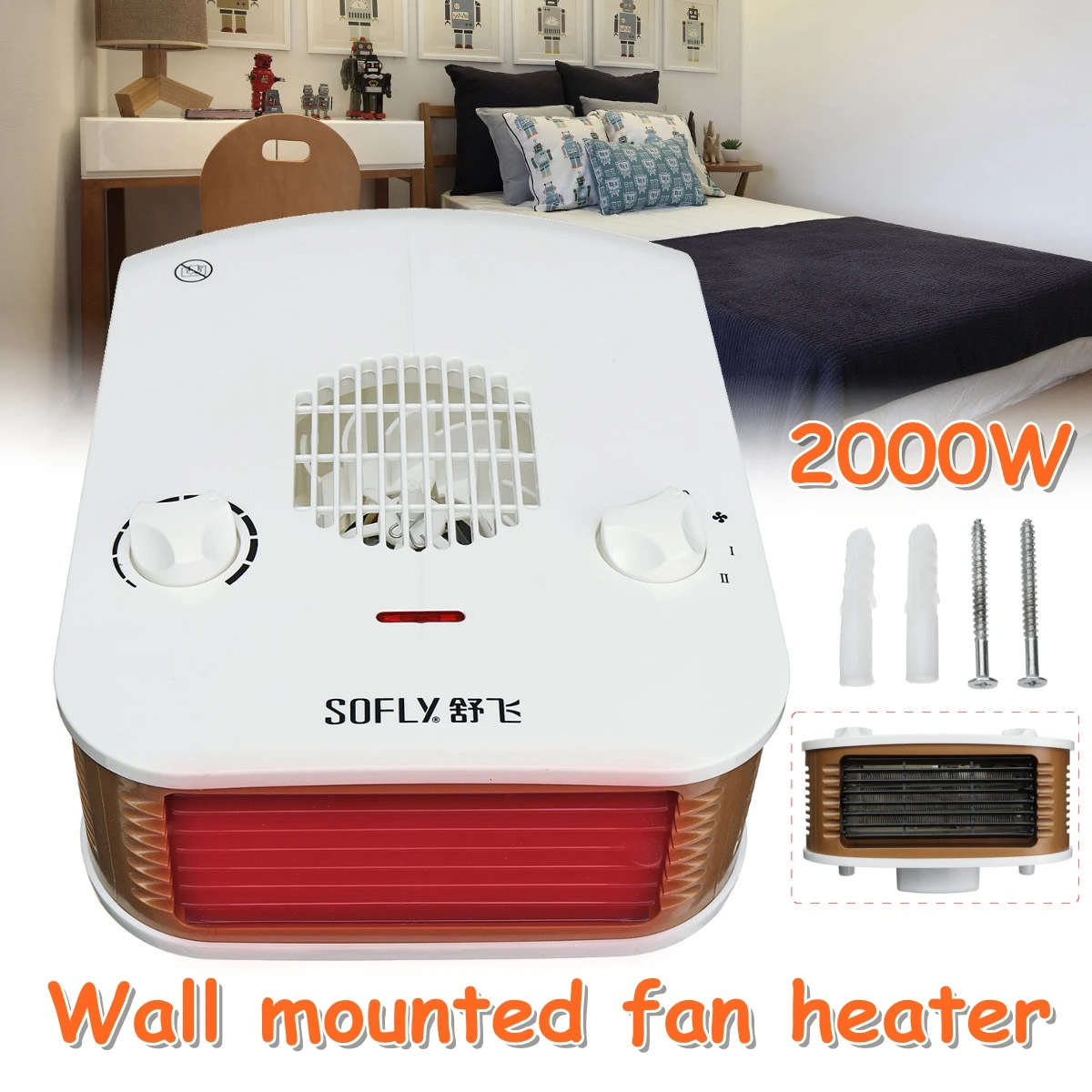 

Multifunction 2000W Wall Mounted Fan Heater Knob Control/10 gear speed Household Warm Bathroom Bedroom Heater