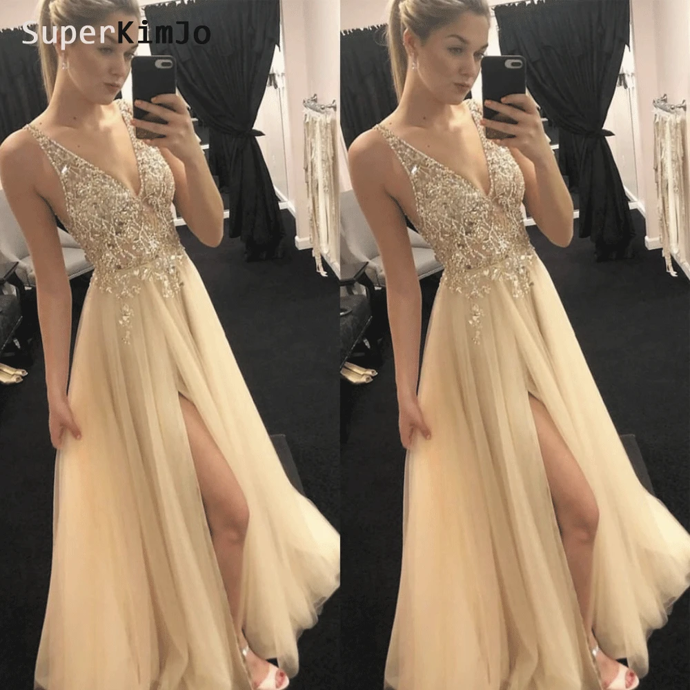

SuperKimJo Vestidos De Festa 2019 Beaded Prom Dresses Long Deep V Neck Crystal Champagne Prom Gown Vestido Formatura