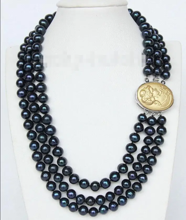 

Free Shipping >>>16" 3 row Strand 9mm black FW pearls necklace cameo seashell clasp j9373