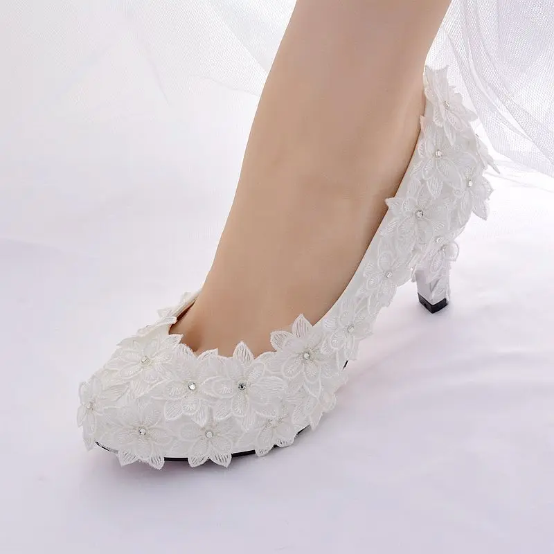 5cm 8cm Med High Heel White Lace Flower Wedding Shoes Bride Fairy
