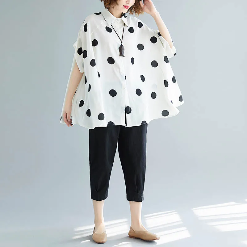 Летняя Женская Корейская блузка, топы размера плюс, рубашка с рукавом летучая мышь, винтажная рубашка в горошек, офисные белые блузки 4XL 5XL 6XL 7XL