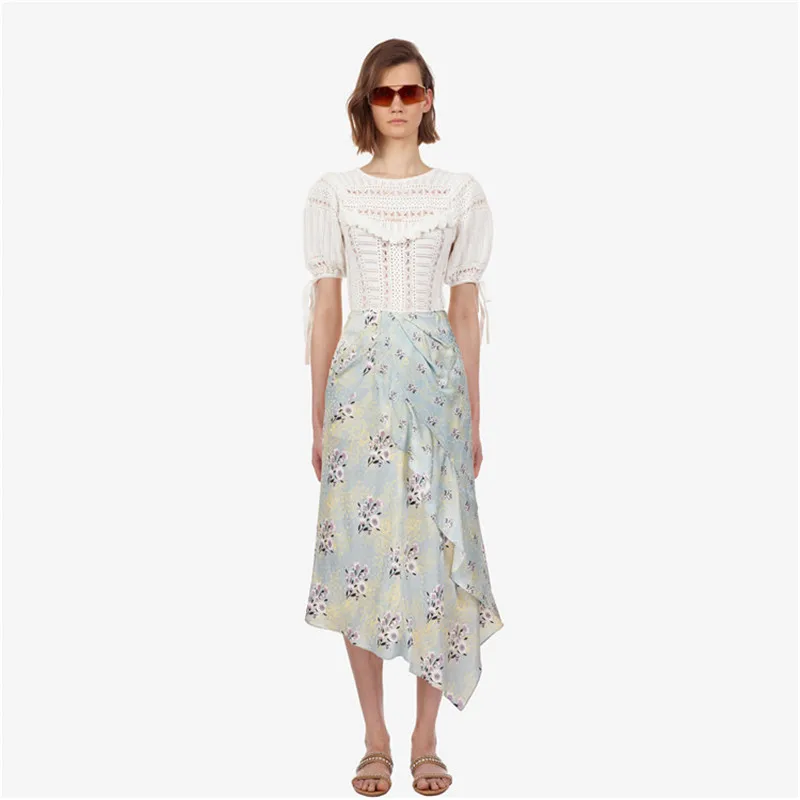 

2019 Summer New Slim High Waist Ruffles Skirt Elegant Print Asymmetrical Chiffon Chic Fashion Women Skirt Party Beach Clothes