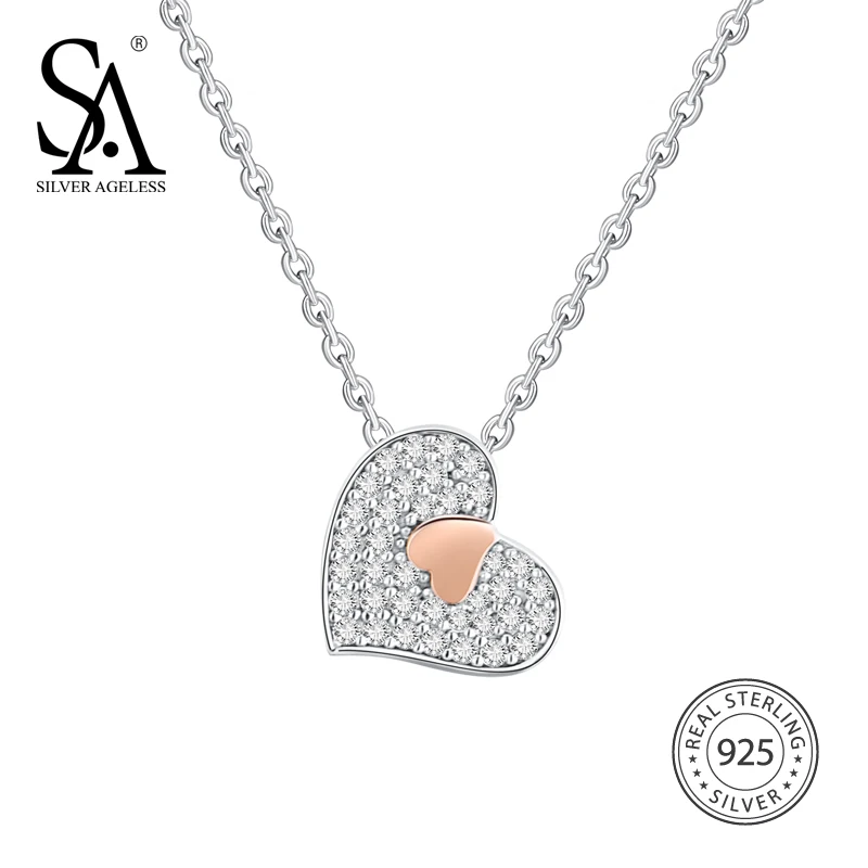

SILVER AGELESS 925 Sterling Silver Rose-gold Heart Pendant Necklace With Zircon Double-sided Necklace For Women Fine Jewelry