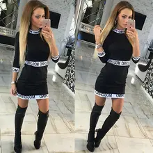 Sexy Herbst Frauen Vintage Brief Drucken Patchwork Vestido Lange Hülse Bodycon Cocktail Dünnes Minikleid Elgant