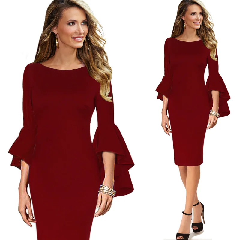 Vfemage женское осеннее Элегантное Длинное расклешенное модное винтажное вечернее коктейльное облегающее платье-футляр с расклешенными рукавами 1703 - Цвет: Dark Red 1