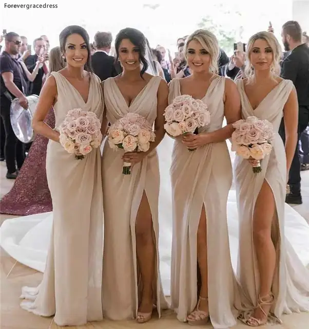 Cheap V Neck Bridesmaid Dresses 2019 Split Beach Summer Country