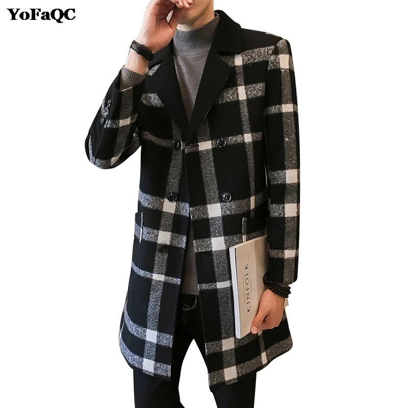 2017 New Fashion Mens Woolen Long Overcoat Mens plaid Turn down Collar Breasted Wool Overcoat