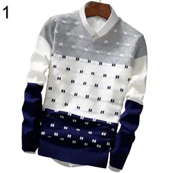 Мужская Мода Цвет Сращивание вязать пуловер Свитер с длинными рукавами зимние теплые Топ