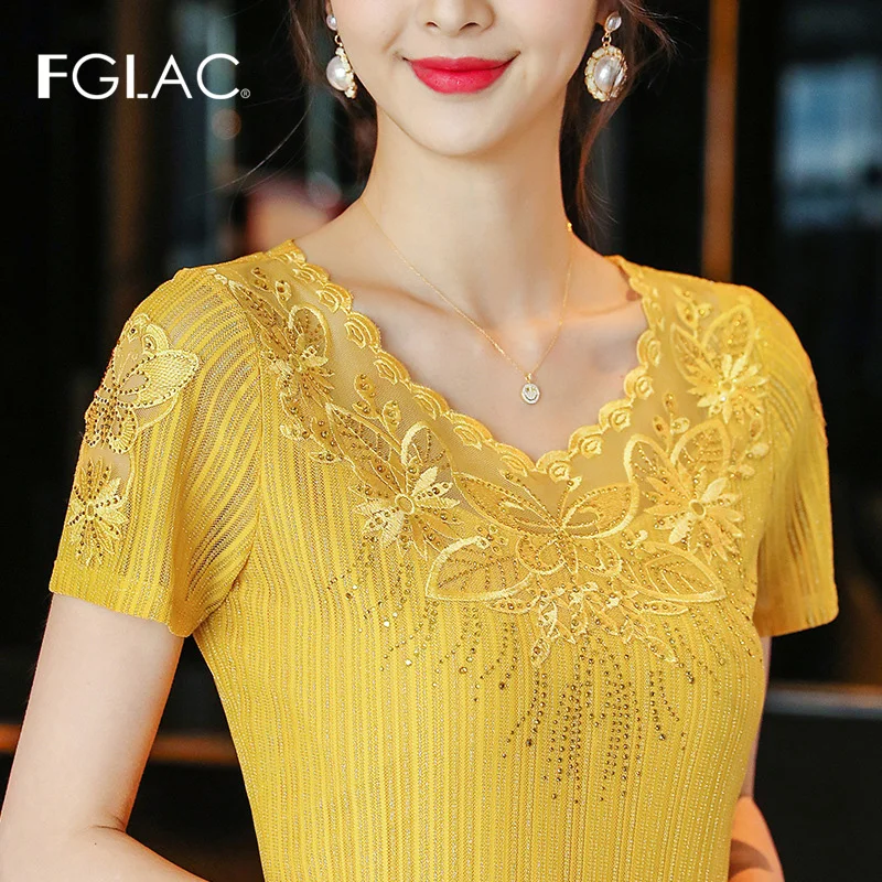 Blouse women tops Plus size lace shirt short sleeve shirt summer women blouses Elegant Slim diamond women blouse shirt blusas