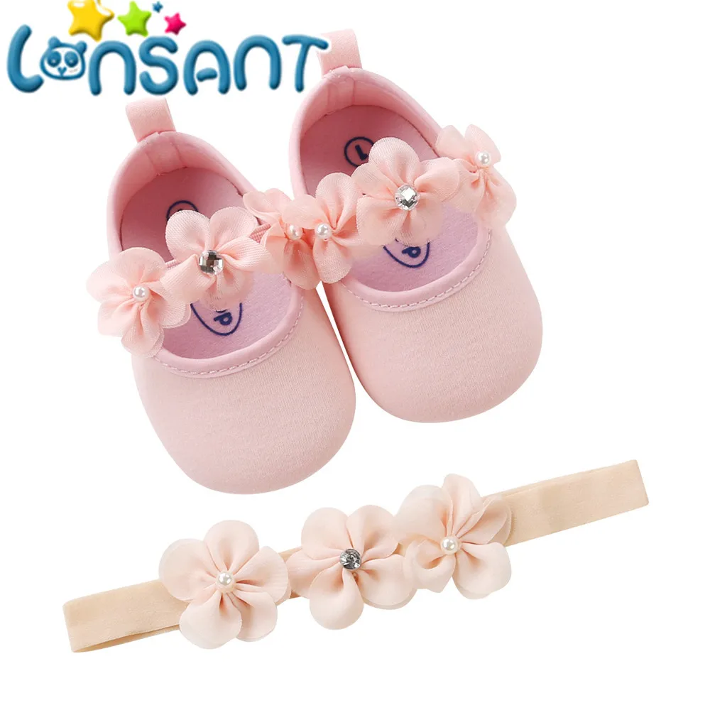 

LONSANT 2018 New 2PCS Summer Princess Shoes+ Hairband lovely Baby Girl Sneaker First Walkers Shoes Anti-Slip Soft flower shoes