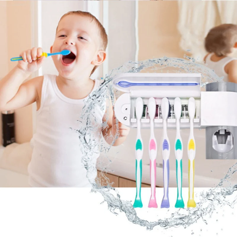

2 in 1 UV Light Ultraviolet Toothbrush Sterilizer Toothbrush Holder Automatic Toothpaste Squeezers Dispenser Home Bathroom Set