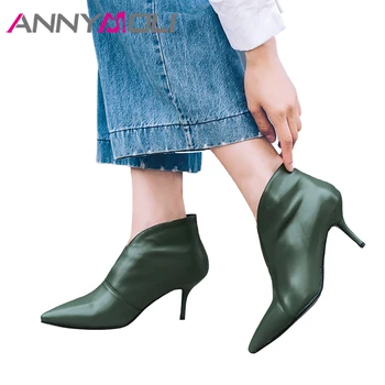 

ANNYMOLI Natural Leather Boots Winter Ankle Boots Women Pointed Toe Thin High Heel Boots Autumn Sexy Ladies Shoes Black Green