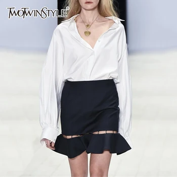 

TWOTWINSTYL Mermaid Skirt Suits Women V Neck Long Sleeve Basic White Shirt With High Waist Hollow Out Patchwork Mini Skirts OL