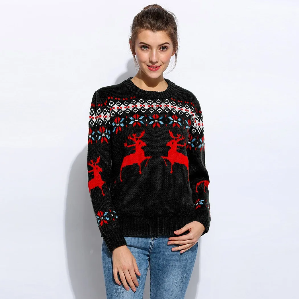 Deer Printed Women Christmas Sweater Casual Long Sleeve Fitness ...