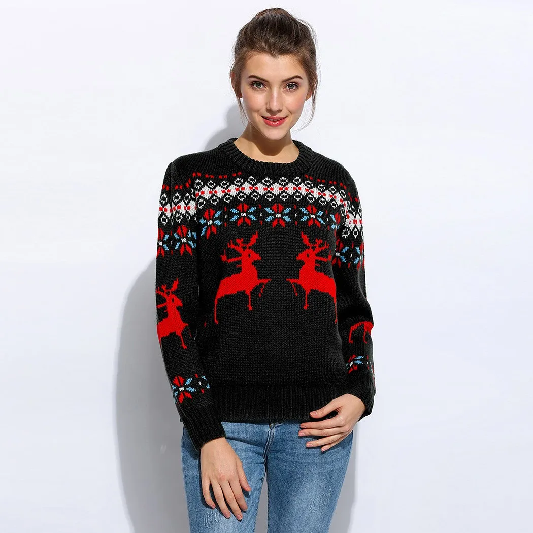 Deer Printed Women Christmas Sweater Casual Long Sleeve Fitness