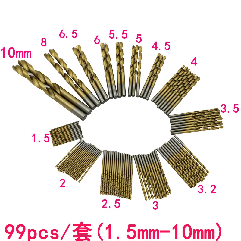 

High quality 99pcs HSS titanium twist drill straight shank Electric hand bit round handle 1.5/2/2.5/3/3.2/3.5/4/4.5/5/ 5.5 -10mm