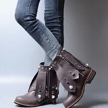 Старинные Круглый Носок Низкий Каблук Пинетки Mujer Мульти Заклепки Украшенные Лодыжки Сапоги Мотоцикл Загрузки Партии Призвание Платье Обувь Женщины