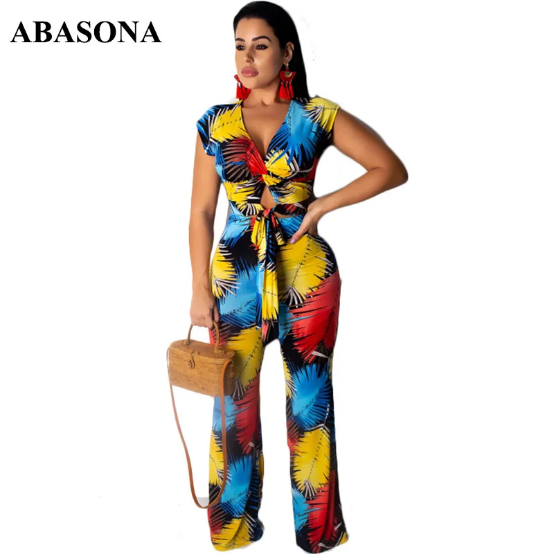 

ABASONA Contrast Color Leaves Tropical Print Women 2 Piece Suit Sexy V Neck Short Sleeve Crop Top + Casual Full Pants Plus Size