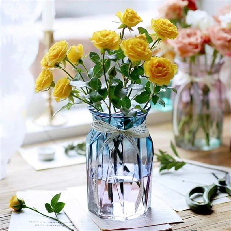 

Rhombus Glass Vase Rosette Blue White Color Bottle Rose Peony Artificial Flower Fake flower container bedroom