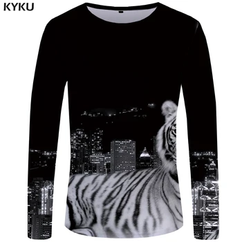 

KYKU Tiger T shirt Men Long sleeve shirt Black Anime City 3d T-shirt Harajuku Funny T shirts Hip hop Rock Mens Clothing 2018