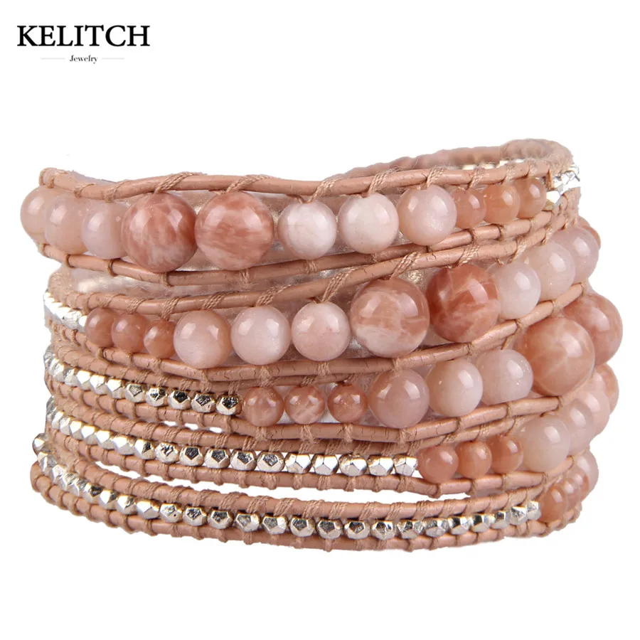 

KELITCH Bracelets Jewelry Beads Friendship Bracelets Synthetic Stone Beaded 5 Wrap Leather Bracelet For Mom or Daughter Gifts