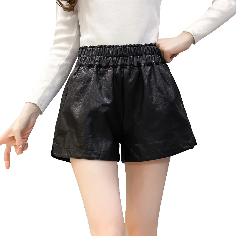 Black Casual faux leather shorts for women plus size