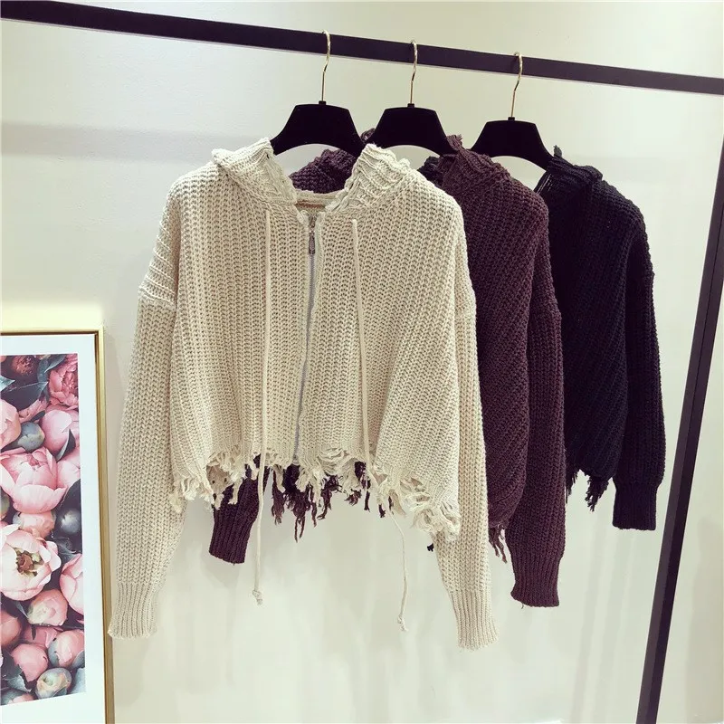 

Women Hooded Short Sweater Spring Autumn Zipper Knitted Cardigans Pull Female Punk Street Outwear