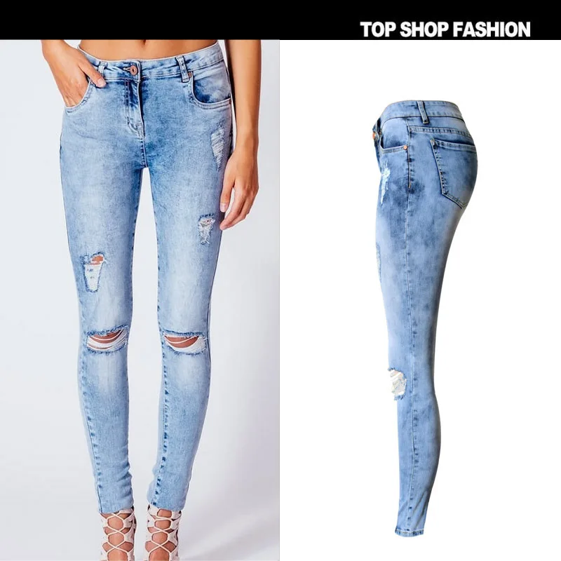 

New 2017 Spring Style Plus Size Ripped Fading Jeans Women`s True Denim Skinny Distressed Jeans For Women Bleached Full Length